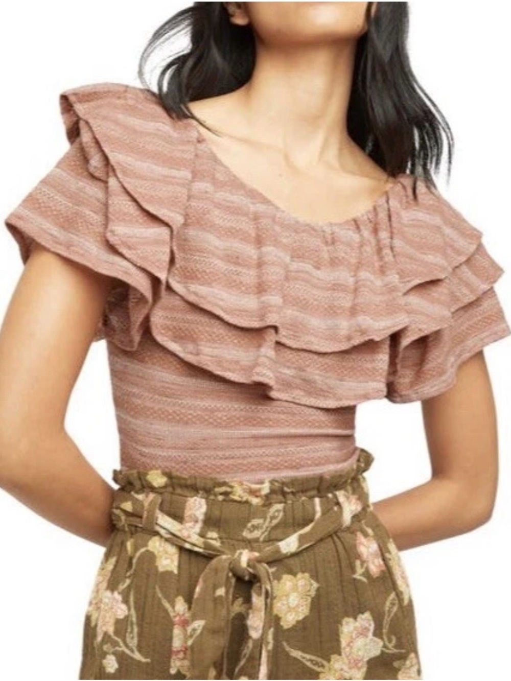 Free People Heirloom striped ruffle top blouse layered collar pink XS
